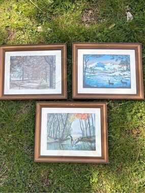 Vintage Framed Foil Art Prints - variety of Nature Scenes in wood - set of 2